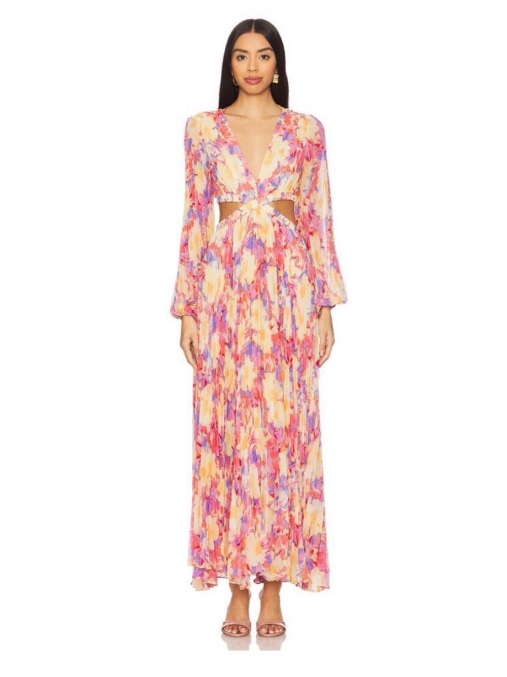 ASTR the Label "Revery" Floral Pleated Maxi Dress With Cutouts, Size L, EUC